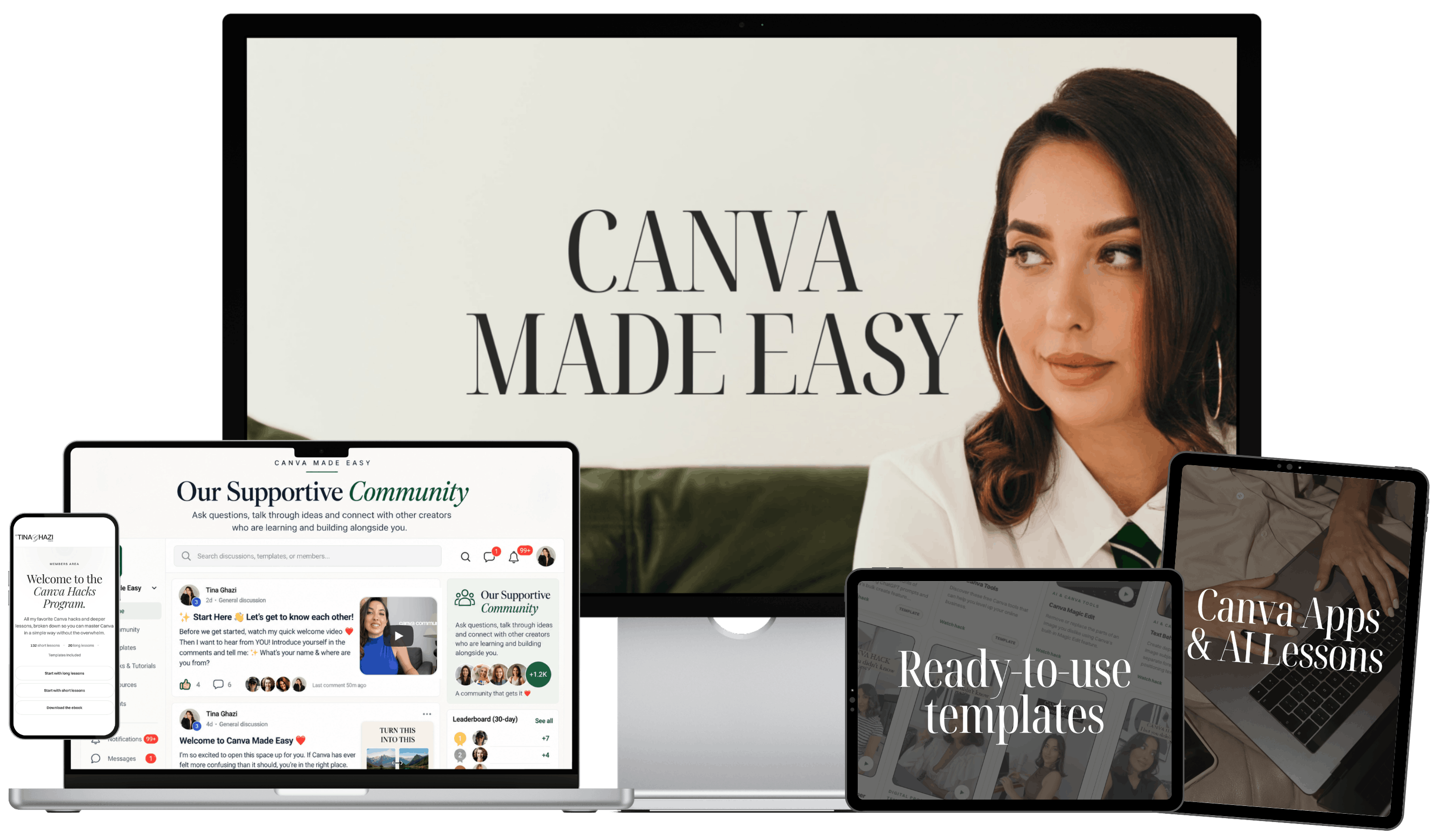 Canva Made Easy membership across desktop, laptop, tablet and phone, featuring the community, templates, and Canva apps and AI lessons